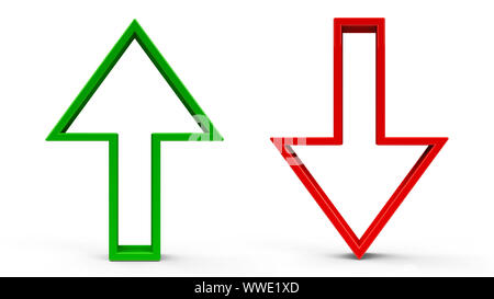Pfeil nach oben und Pfeil nach unten die Symbole auf weißem Hintergrund, 3D-Rendering, 3D-Darstellung Stockfoto