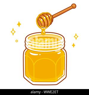 Hand Cartoon Stil Krug Honig mit Pendelarm gezeichnet. Löffel aus Holz mit tropfenden flüssigen Honig. Isolierte vector clip art Illustration. Stock Vektor