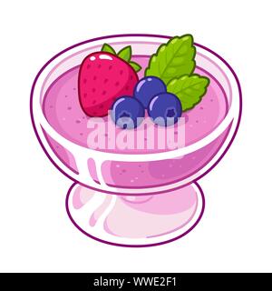Berry mousse Dessert im Glas dekoriert mit Erdbeeren, Brombeeren und Minze. Obst pudding Vector Illustration in Hand gezeichnet Cartoon Stil. Stock Vektor