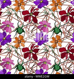 Vektor Kosmos floral botanischen Blumen. Schwarz und weiß eingraviert Tinte Art nahtlose Muster. Stock Vektor