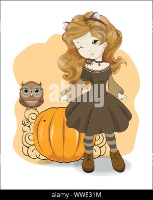 Adorable kleine Halloween Hexe Mädchen, mit der Katze Ohren und eine Spinne und Eule, gegen den Kürbis Hintergrund. Das Bild in der Hand Zeichenstil, kann sein Stock Vektor