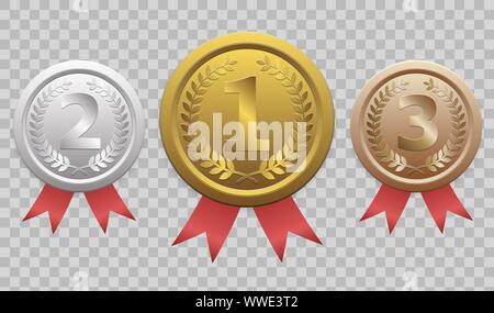 Champion Gold, Silber und Bronze Award Medaillen mit roten Bändern Stock Vektor