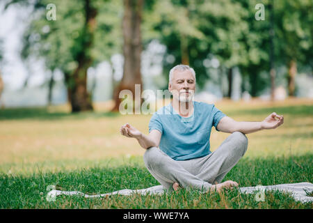 Stattliche reifer Mann Meditation im Lotussitz in Park Stockfoto