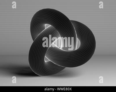 Schwarz torus Knoten mit weißer wire-frame Linien, geometrische Darstellung von parametrischen Fläche über grauen Hintergrund. 3D Rendering illustration Stockfoto