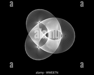 Weiße wire-frame Torus knot, geometrische Darstellung von parametrischen Fläche auf schwarzem Hintergrund isoliert. 3D Rendering illustration Stockfoto