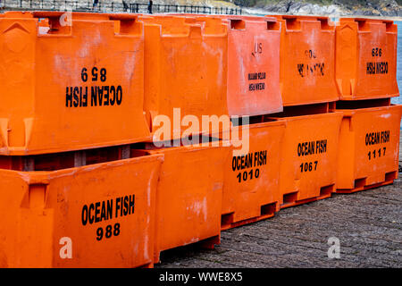 Kran und gestapelten Fisch Aufbewahrungsboxen in Gelb, Blau und Orange auf der Hafenmauer in Mevagissey Cornwall GROSSBRITANNIEN Stockfoto