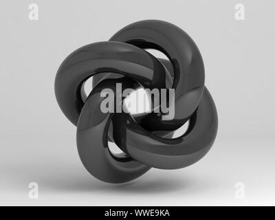 Schwarz glänzend Torus knot, geometrische Darstellung von parametrischen Fläche. Zusammenfassung der Installation auf weißem Hintergrund. 3D Rendering illustration Stockfoto