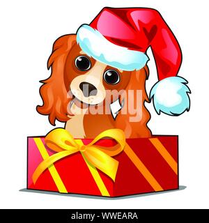 Weihnachts-Geschenkbox mit einem niedlichen Hund in Mütze von Santa Claus isoliert auf weißem Hintergrund. Beispiel für Poster, Party Holiday Einladung, festliche Karte Stock Vektor