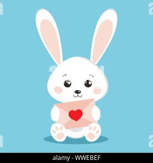 Isolierte sweet cute White Bunny rabbit in sitzender Pose mit rosa Brief Stock Vektor