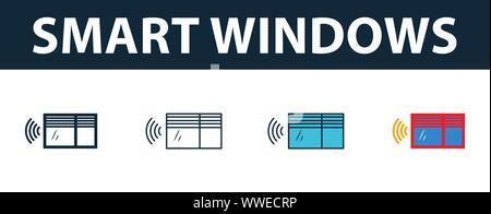 Smart Windows Icon Set. Vier einfache Symbole in verschiedenen Stilrichtungen von Smart Home icons Collection. Creative smart Windows Icons, Outline, farbig Stock Vektor