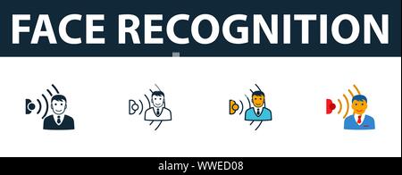 Gesichtserkennung Icon Set. Vier einfache Symbole in verschiedenen Stilrichtungen von Smart Home icons Collection. Kreative Gesichtserkennung Icons, Umriss Stock Vektor