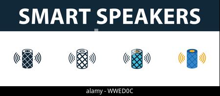 Smart das Symbol Lautsprecher einstellen. Vier einfache Symbole in verschiedenen Stilrichtungen von Smart Home icons Collection. Creative smart Lautsprecher Icons, Umriss Stock Vektor