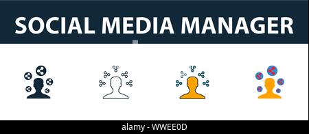 Social Media Manager Symbol gesetzt. Vier einfache Symbole in verschiedenen Stilrichtungen von smm icons Collection. Kreative social media manager Icons, Umriss Stock Vektor