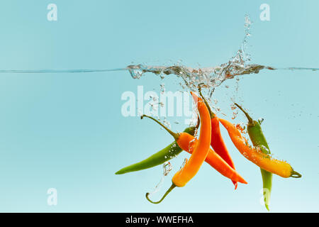 Bunte Chilischoten fallen tief im Wasser mit Spritzen auf blauem Hintergrund Stockfoto
