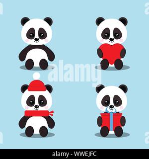 Eingestellt von isolierten niedlichen Baby panda Bären in sitzender Pose mit Geschenk, Herz, roter Schal, Hut. Stock Vektor