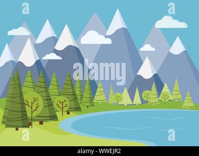 Im Frühling oder im Sommer zur Berglandschaft mit See Wasser. Stock Vektor