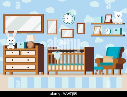 Gemütliche Junge s Baby Zimmer innen Hintergrund im Cartoon Flat Style. Stock Vektor