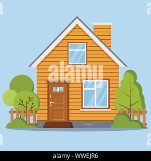 Isolierten ländlichen Bauernhof woofen Haus mit Zaun, Schornstein, Dachboden, Fenster, Tür. Stock Vektor