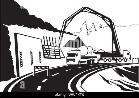 Bau der Stützmauer auf der Straße in Berg-Vector Illustration Stock Vektor