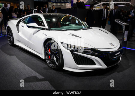 FRANKFURT, Deutschland - September 10, 2019: Honda NSX Sportwagen auf der Frankfurter Automobilausstellung IAA 2019 präsentiert. Stockfoto