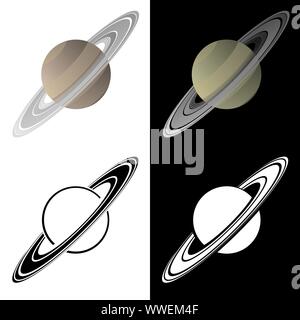 Saturn isoliert Vector Illustration in voller Farbe, schwarze Linie Kunst und weißen Varianten Stock Vektor