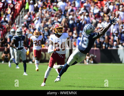 Landrover, Maryland, USA. 15. September, 2019. Dallas Cowboys wide receiver Michael Gallup (13) Vermisst ein Vergehen gegen die Washington Redskins an FedEx Field in Landover, Maryland am Sonntag, dem 15. September 2019. Foto von Kevin Dietsch/UPI Quelle: UPI/Alamy leben Nachrichten Stockfoto