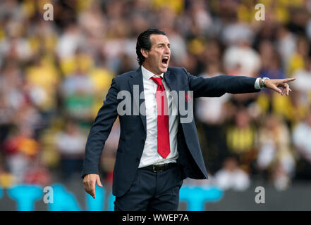 Watford, UK. 15 Sep, 2019. Arsenal manager Unai Emery während der Premier League Match zwischen Watford und Arsenal an der Vicarage Road, Watford, England am 16. September 2019. Foto von Andy Rowland. Credit: PRiME Media Images/Alamy leben Nachrichten Stockfoto