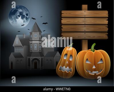 Halloween Hintergrund mit Kürbissen, haunted House und Vollmond Stock Vektor