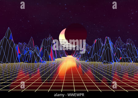 3D-Hintergrund Abbildung Inspiriert von 80er Szene und synthwave retrowave. Computer digitale Zeichnung. Stockfoto