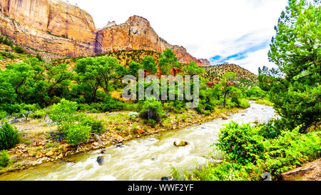 Massive Rot-, Rosa- und Cremefarbenen Sandsteinfelsen aus der Pa'rus Trail gesehen, wie es entlang und über den Virgin River im Zion National Park, UT, USA folgt Stockfoto