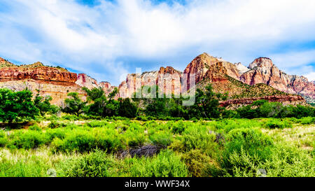 Der Westen Tempel, Sonnenuhr und Altar des Opfers Berge von der Pa'rus Trail gesehen, dass entlang und über den Virgin River im Zion Nat.Park, UT folgt Stockfoto