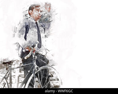Business Mensch und Fahrrad zu Fuß auf der Straße und Gebäude Hintergrund auf Aquarell Hintergrund. Stockfoto