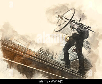 Unternehmer, die ein Fahrrad auf einem Gehweg in der Hauptstadt auf Aquarell illustration Malerei Hintergrund. Stockfoto