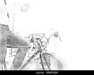 Business Mensch und Fahrrad zu Fuß auf der Straße und gehen zu den Büros Gebäude in der Stadt. Stockfoto