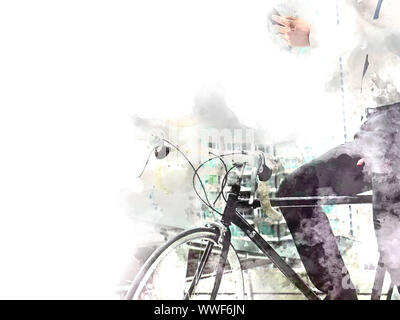 Business Mensch und Fahrrad zu Fuß auf der Straße und gehen zu den Büros Gebäude in der Stadt. Stockfoto