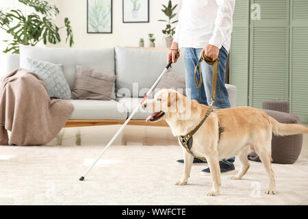 Blind reifer Mann mit Hund zu Hause Stockfoto
