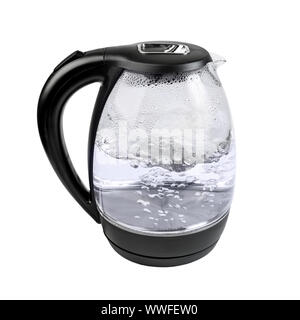 Kochendes Wasser in Elektro Glas Wasserkocher, weiß mit Freistellungspfad isoliert Stockfoto