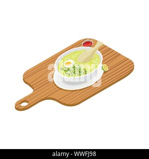 Köstliche Hühnersuppe mit potatoess, gekochtes Ei, Chinesisch Zwiebel und Chili. Vector Illustration Stock Vektor