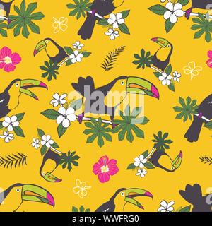 Vector gelb bunten tropischen Geburtstagsfeier nahtlose Muster Hintergrund. Mit toucan Vögel. Perfekt für Gewebe, Scrapbooking, wallpaper Projekte. Stock Vektor