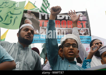 Lahore, Pakistan. 15 Sep, 2019. Pakistanische halten Plakate, Banner, Opfer Porträts und Shout Slogans und ein Bildnis des indischen Ministerpräsidenten Narindra Modi während einer Demonstration gegen die Situation in den indischen Teil Kaschmirs verwaltet die Solidarität mit Menschen in Kaschmir in Lahore am 15. September 2019 zu zeigen, brennen. Kaschmir, zwischen Indien und Pakistan geteilte seit 1947, hat der Funke für Zwei größere Kriege und unzählige Zusammenstöße zwischen den beiden Atommächten Erzrivalen. (Foto von Rana Sajid Hussain/Pacific Press) Quelle: Pacific Press Agency/Alamy leben Nachrichten Stockfoto