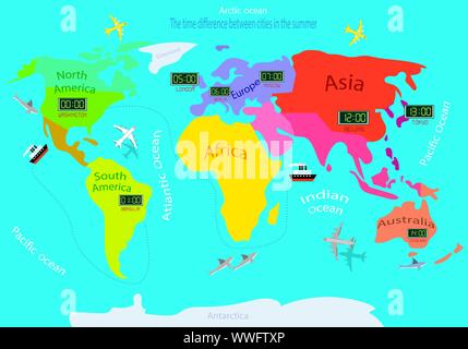 Zeitzonen auf einer Weltkarte. Zeitdifferenz zwischen den Ländern im Sommer. Illustrierte Karte der Erde Stock Vektor