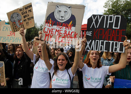 Kiew, Ukraine. 15 Sep, 2019. Teilnehmer mit Plakaten riefen Slogans, während der März." ALLUKRAINISCHEN März für Tiere Rechte" mit der Forderung zum Verbot der Verwendung von Tieren in Zirkussen, Verbot von Pelzfarmen und Erstellung von zoo Polizei. Im März fand gleichzeitig in 24 Städten des Landes an der Popularisierung der humanistischen Werte abzielt und Tiere vor Tierquälerei schützen. Credit: SOPA Images Limited/Alamy leben Nachrichten Stockfoto