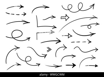 Hand Pfeile gezeichnet. Vektor einrichten von schwarzen Doodle richtige Richtung Pfeile. Symbole isoliert auf weißem Hintergrund Stock Vektor