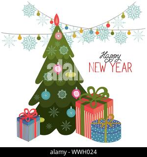 Weihnachtsbaum mit Girlanden und Geschenke. Cartoon flachbild Vektor-illustration isoliert auf einem weißen Hintergrund. Frohes neues Jahr, frohe Weihnachten Stock Vektor