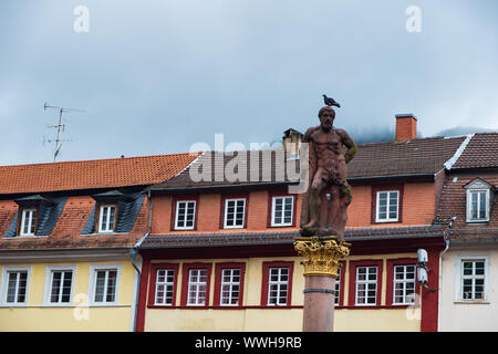 Heidelberg, Deutschland - 7 August, 2019: Herkules Brunnen auf dem Marktplatz in Heidelberg Altstadt. Stockfoto