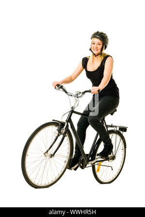 Frau auf einem Fahrrad auf weißem Hintergrund Stockfoto