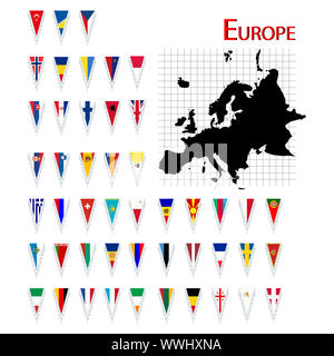 Vollständiger Satz von Europa Flaggen und Karte, isoliert und gruppierte Objekte auf weißem Hintergrund Stockfoto