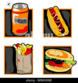 Halloween Set von scary-Symbole mit Fast Food ungerade Mahlzeiten, Pommes frites, Hamburger, Hot dog und Spinne, isoliert auf weißem Stockfoto