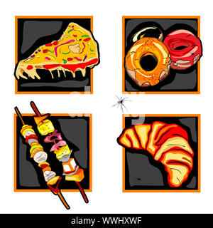 Halloween Set von scary-Symbole mit Fast Food ungerade Mahlzeiten, Donuts, Spieße und Spinne, isoliert auf weißem Stockfoto