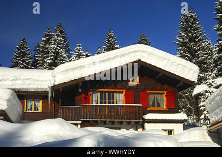 Tief verschneite Blockhütte am Waldrand Stockfoto